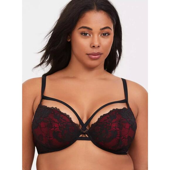Torrid Curve Removable Strap Push Up Bra Womens 46D Red Black Lace Underwire - Picture 1 of 8